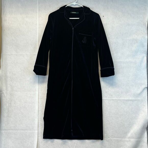 LAUREN RALPH LAUREN Robe Women's Small Blue Velvet Long Full Zip Collared Caftan - Picture 1 of 13